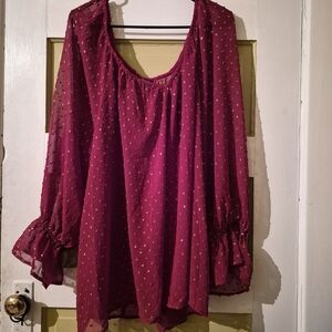 Lane Bryant Raspberry Sheer Blouse with Metallic Dot Detail
